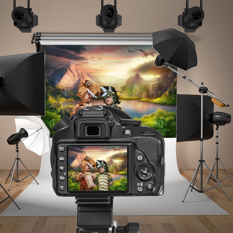 Baocicco 10x7ft Dinosaurs Theme Backdrop Boy Birthday Party Backdrop Jurassic Mesozoic Cretaceous Epoch Forest Mountains Lake Prehistoric Trees Grassland Archaeology Children Photography Background - Image 2